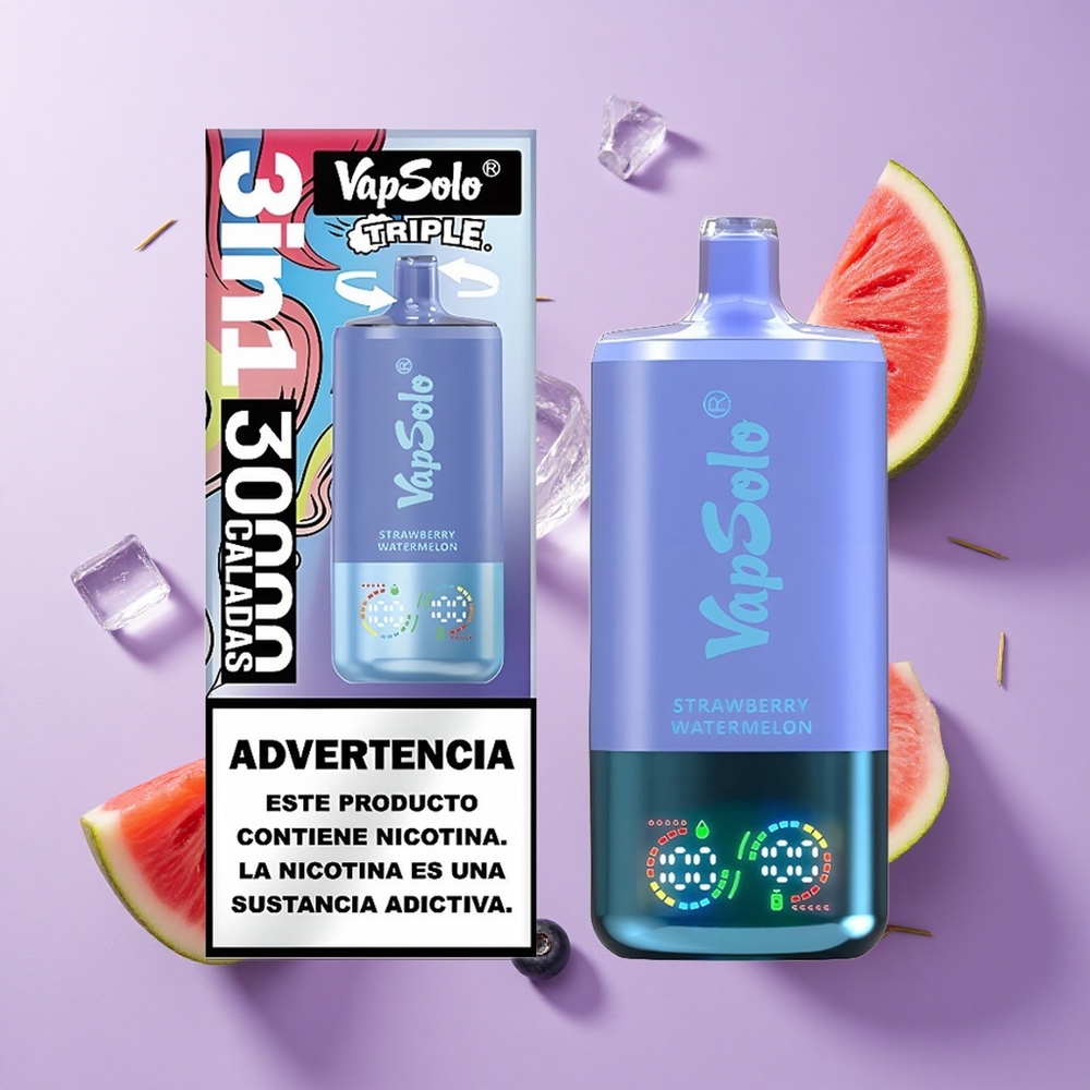 VapSolo Triple 30000 Puffs فراولة بطيخ وتوت أزرق مثلج سعة السائل: 40 مل