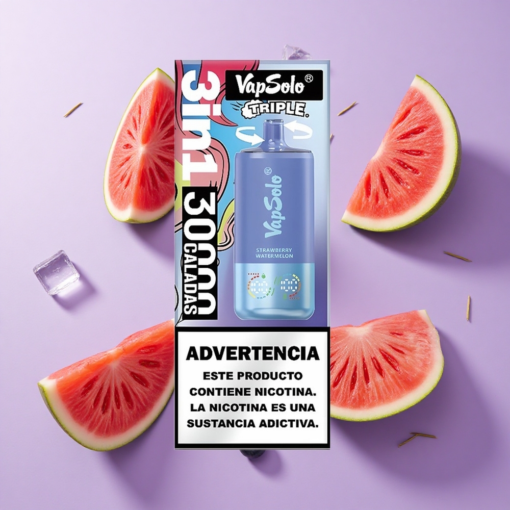 VapSolo Triple 30000 Puffs فراولة بطيخ وتوت أزرق مثلج سعة السائل: 40 مل