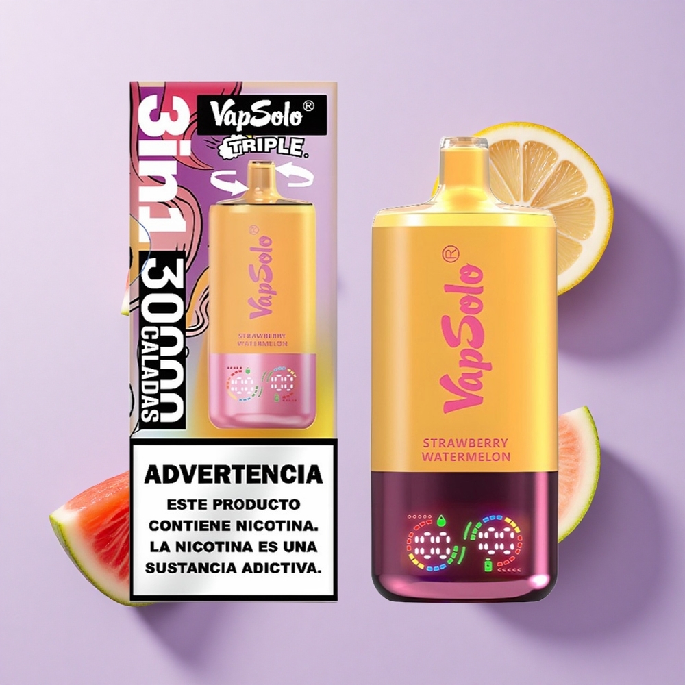 VapSolo Triple 30000 Puffs فراولة بطيخ و ليمون خوخ سعة السائل الإلكتروني: 40 مل